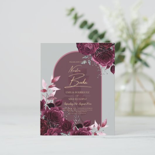 NUESTRA BODA Wine Red Roses INVITACTIONS (Staand voorkant)
