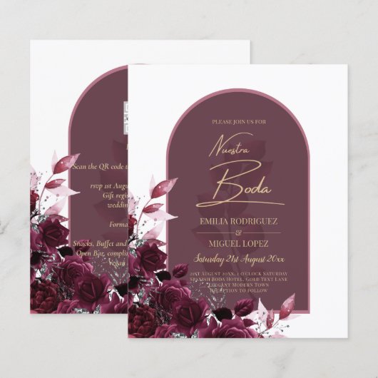 NUESTRA BODA Wine Red Roses INVITACTIONS (Voorkant / Achterkant)