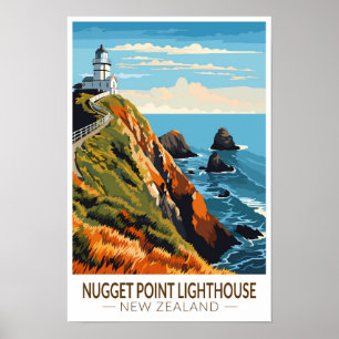 Nugget Point Lighthouse Nieuw-Zeeland Reizen Vinta Poster