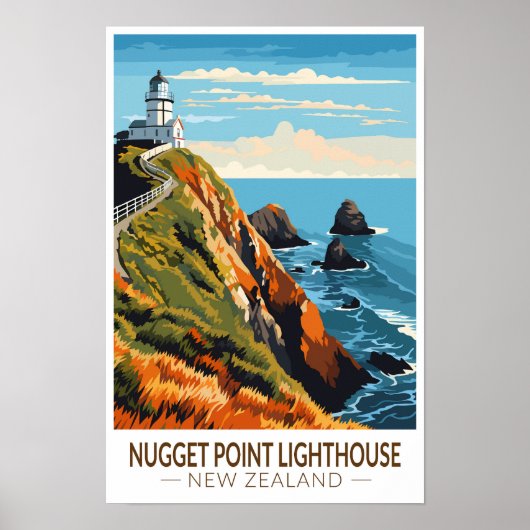 Nugget Point Lighthouse Nieuw-Zeeland Reizen Vinta Poster (Voorkant)