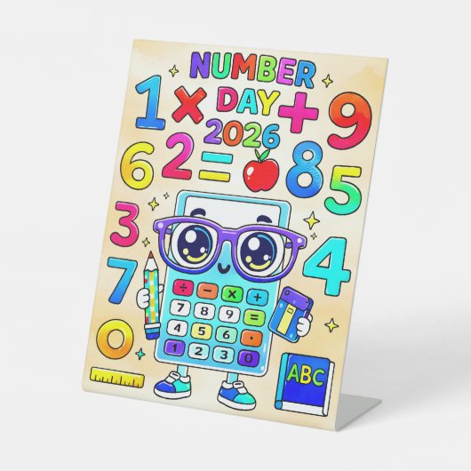 Number Day 2026 Cute Calculator Math Design Reclamebord Met Voetstuk (Voorkant)