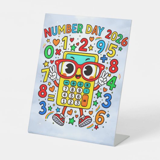 Number Day 2026 Cute Maths Calculator Desk Art Reclamebord Met Voetstuk (Voorkant)