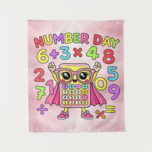 Number Day Cute Calculator Character Design Wandkleed (Voorkant)