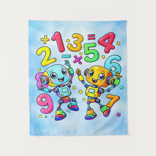 Number Day Cute Math Robots Design Wandkleed (Voorkant)