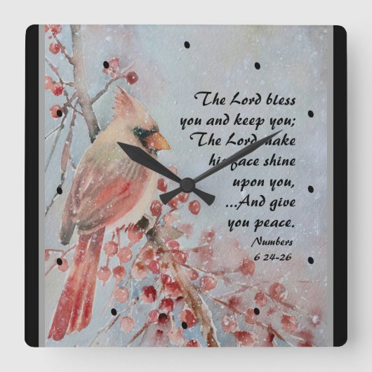 Numbers 6 24-26 Lord Bless You Red Bird & Berries Vierkante Klok (Voorkant)