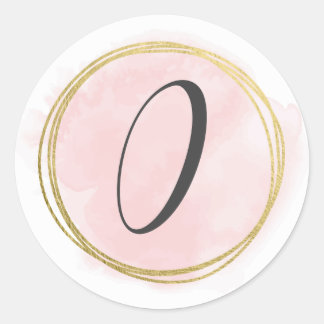 Nummer 0 Zero Monogram Blush Roze Waterverf Goud Ronde Sticker