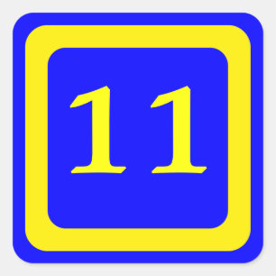 Nummer 11, blauwe achtergrond, geel lijst vierkante sticker