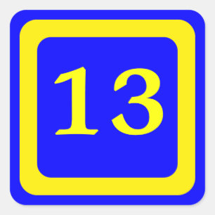 Nummer 13, blauwe achtergrond, geel lijst vierkante sticker