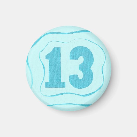 Nummer 13 magneet met aqua blauwe rimpelingen (Voorkant)