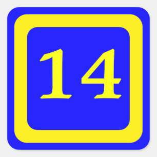 Nummer 14, blauwe achtergrond, geel lijst vierkante sticker