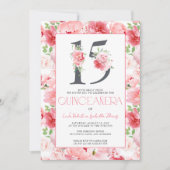Nummer 15 Elegante Roze Bloemen Modern Quinceañera Kaart (Voorkant)