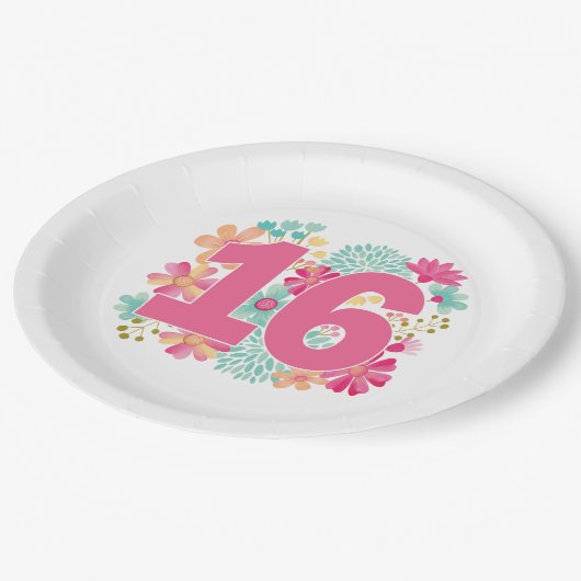 Nummer 16 16e meisjesfeest papieren bordje (Gekanteld)