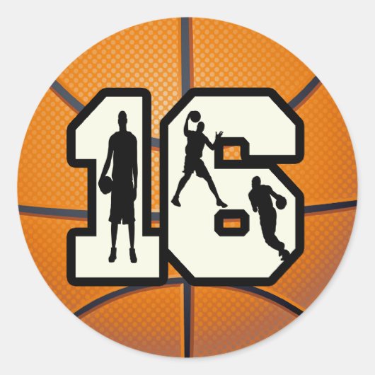 Nummer 16 Basketball en spelers Ronde Sticker (Voorkant)