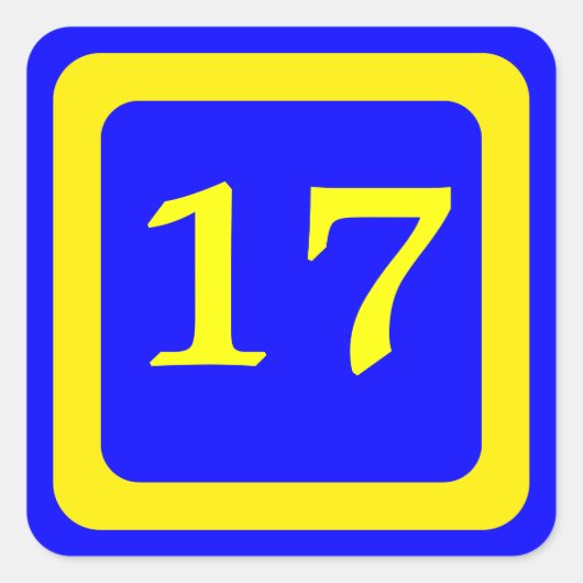 Nummer 17, blauwe achtergrond, geel lijst vierkante sticker (Voorkant)