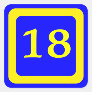 nummer 18, blauwe achtergrond, geel lijst vierkante sticker