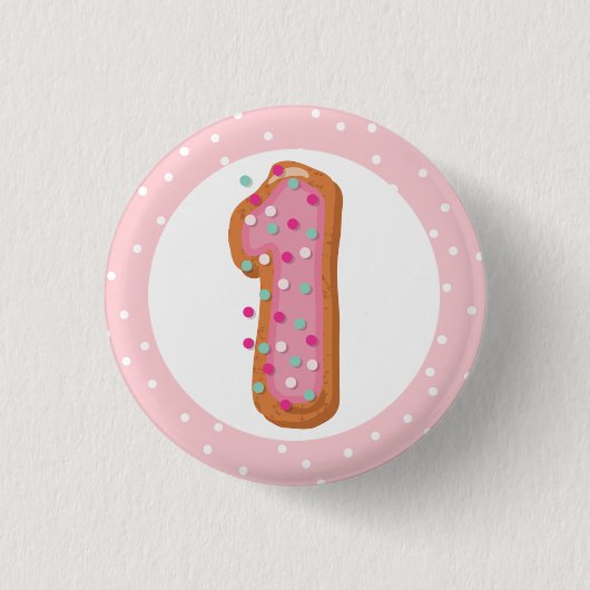 Nummer 1 één roze gelaagde donuts Baby eerste verj Ronde Button 3,2 Cm (Voorkant)