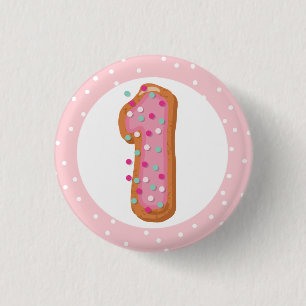 Nummer 1 één roze gelaagde donuts Baby eerste verj Ronde Button 3,2 Cm