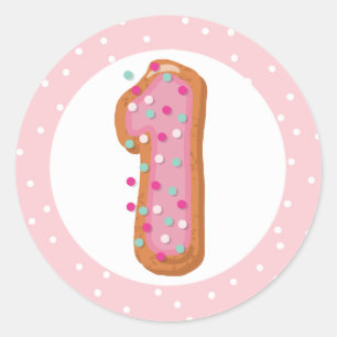 Nummer 1 Eén Roze Iced Donuts Baby Eerste Verjaard Ronde Sticker