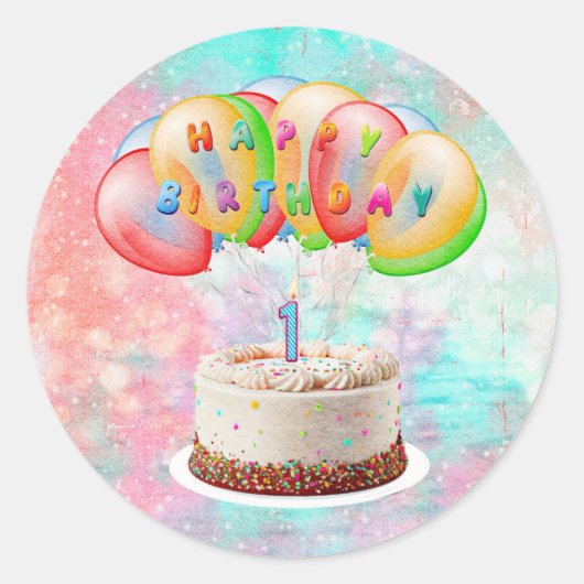 Nummer 1 kaars op taart, gelukkige verjaardag, kle ronde sticker (Voorkant)