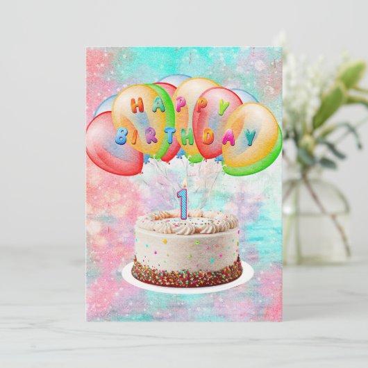 Nummer 1 kaars op taart, gelukkige verjaardag, kle save the date (Staand voorkant)