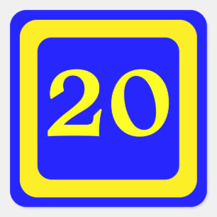 Nummer 20, blauwe achtergrond, geel lijst vierkante sticker