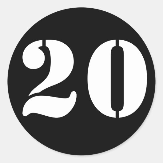 Nummer 20 Twintig Zwarte Stencil Nummers van Janz Ronde Sticker (Voorkant)