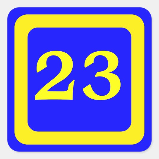Nummer 23, blauwe achtergrond, geel lijst vierkante sticker (Voorkant)