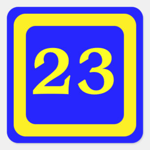 nummer 23, blauwe achtergrond, gele rand vierkante sticker