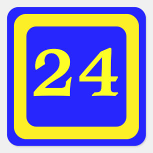 Nummer 24, blauwe achtergrond, geel lijst vierkante sticker