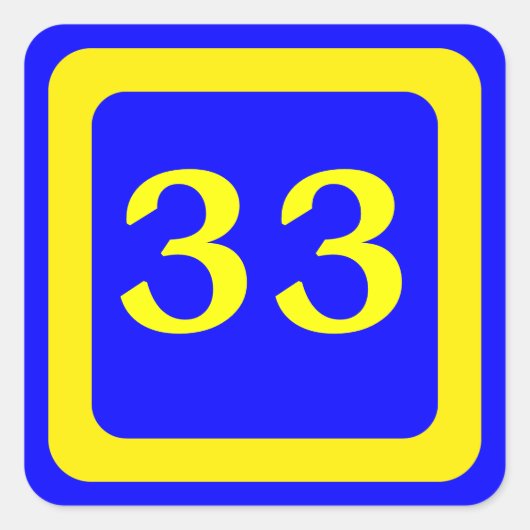 Nummer 33, blauwe achtergrond, geel lijst vierkante sticker (Voorkant)