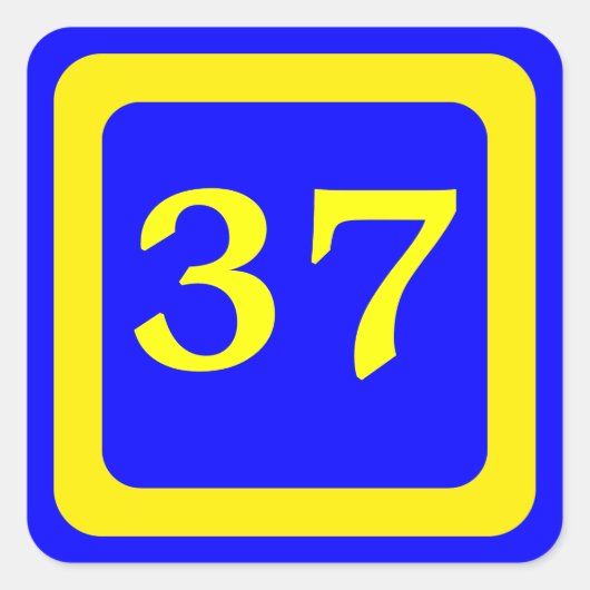 Nummer 37, blauwe achtergrond, geel lijst vierkante sticker (Voorkant)
