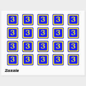 Nummer 3, blauwe achtergrond, geel lijst vierkante sticker (Vel)