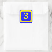 Nummer 3, blauwe achtergrond, geel lijst vierkante sticker (Tas)