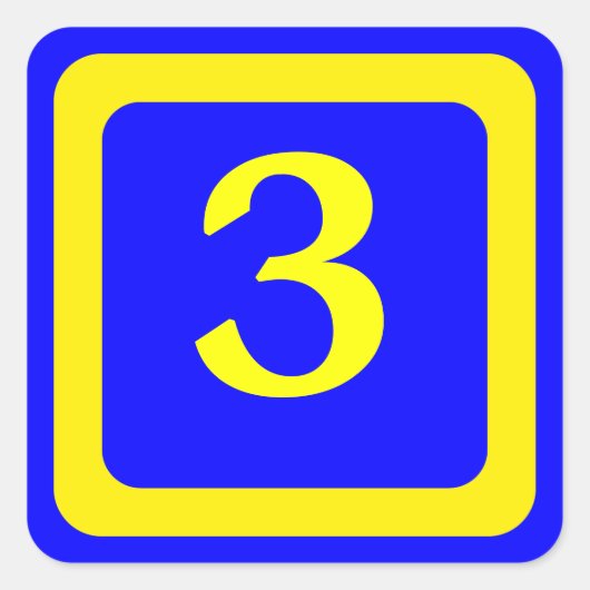 Nummer 3, blauwe achtergrond, geel lijst vierkante sticker (Voorkant)