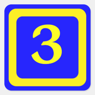 Nummer 3, blauwe achtergrond, geel lijst vierkante sticker