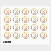 Nummer 3 Drie Roze Rozen Bloemen & Elegant Goud Ronde Sticker (Vel)