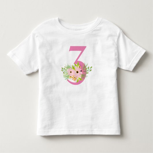 Nummer 3 met bloemen kinder shirts (Voorkant)