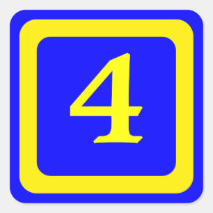 nummer 4, blauwe achtergrond, geel lijst vierkante sticker