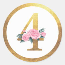 Nummer 4 Vier Roze Rozen Bloemen & Elegant Goud Ronde Sticker