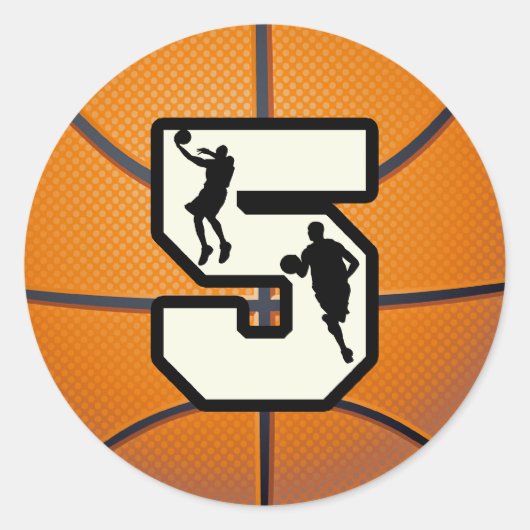 Nummer 5 Basketball en speler Ronde Sticker (Voorkant)