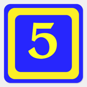 Nummer 5, blauwe achtergrond, geel lijst vierkante sticker