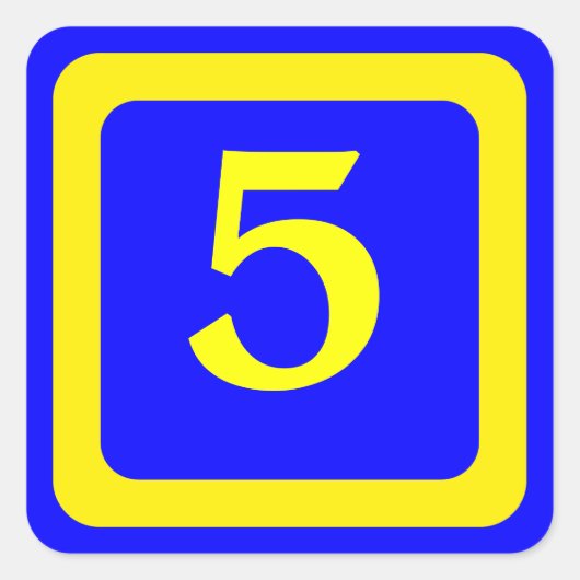Nummer 5, blauwe achtergrond, geel lijst vierkante sticker (Voorkant)