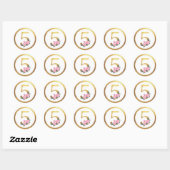 Nummer 5 Vijf Roze Rozen Bloemen & Elegant Goud Ronde Sticker (Vel)