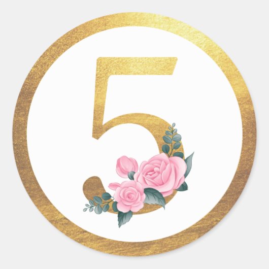 Nummer 5 Vijf Roze Rozen Bloemen & Elegant Goud Ronde Sticker (Voorkant)