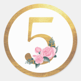 Nummer 5 Vijf Roze Rozen Bloemen & Elegant Goud Ronde Sticker