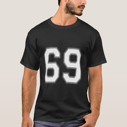 Nummer 69 69 in zwart wit en grijs t-shirt (Voorkant)