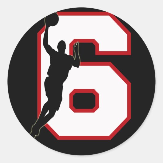 NUMMER 6 MET BASKETBALL PLAYER RONDE STICKER (Voorkant)