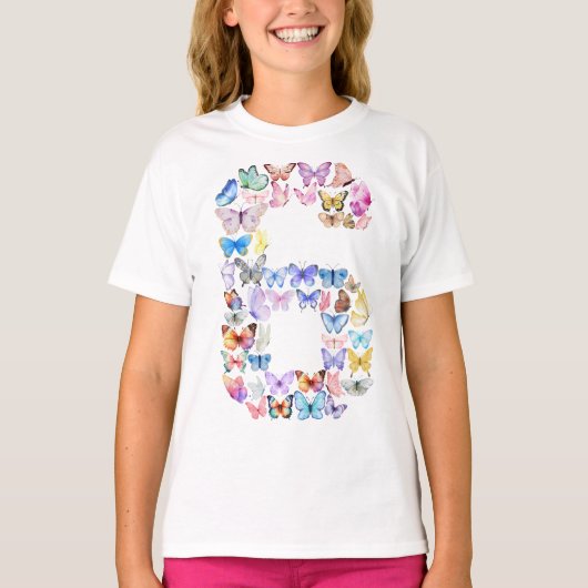 Nummer 6 Vlinders Thema 6 jaar oude meisjes T-shirt (Voorkant)