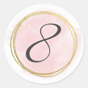 Nummer 8 Acht Monogram Blush Roze Waterverf Goud Ronde Sticker