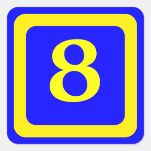 Nummer 8, blauwe achtergrond, geel lijst vierkante sticker